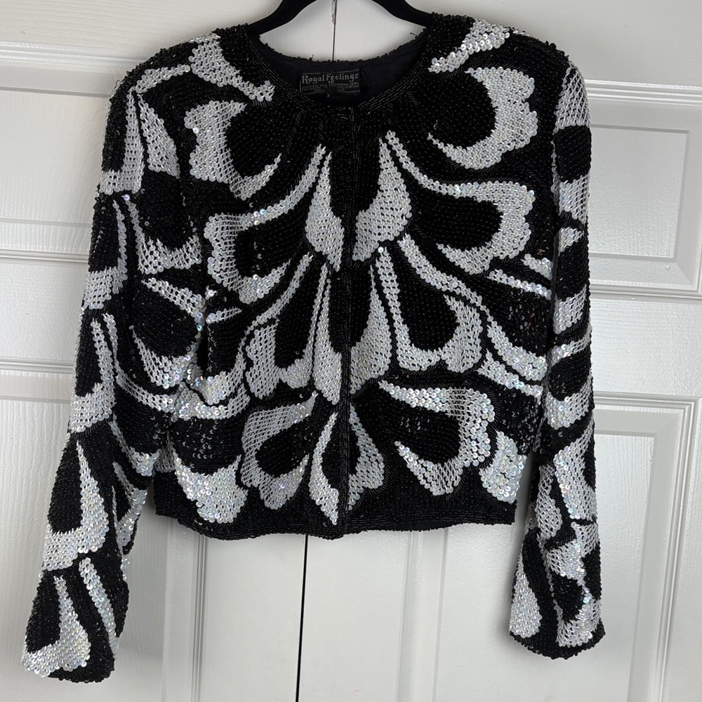 Regal Touch Black & White Sequin Cropped Blazer